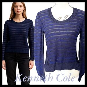 Kenneth Cole Navy/Royal Blue Crew Neck Hi-Lo Split Hem Sweater (M)